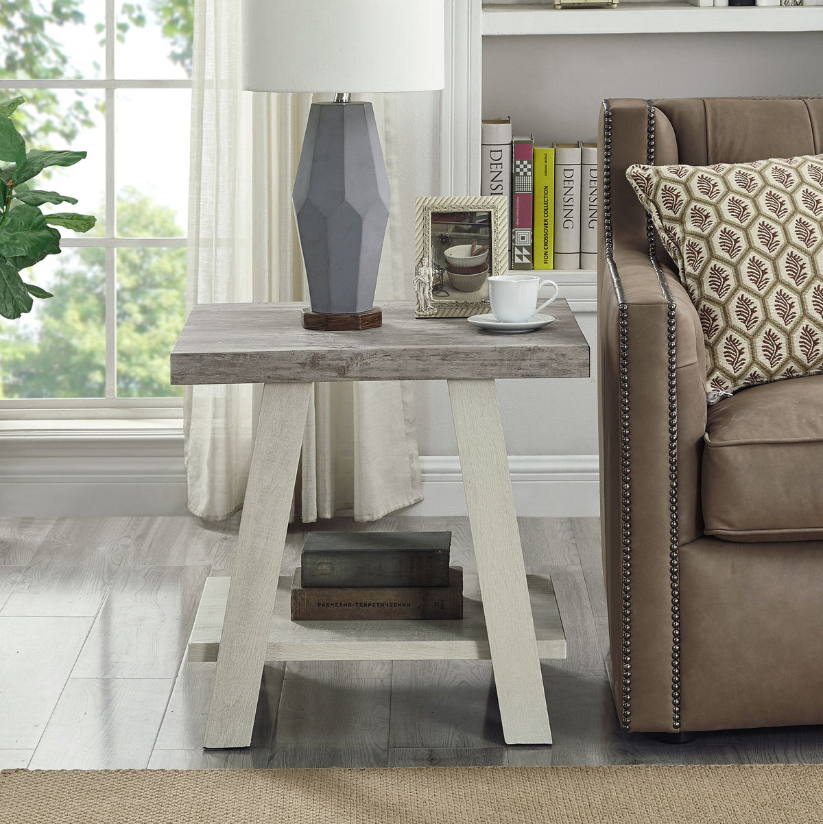 Two-tone wood end table with shelf in weathered gray and beige