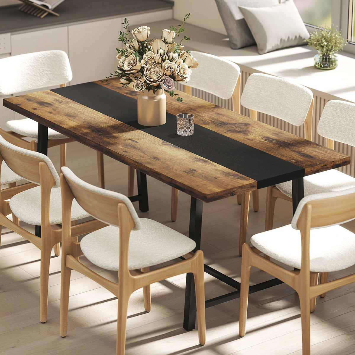 Industrial brown dining table for 8, 70.9 inch tabletop, steel legs
