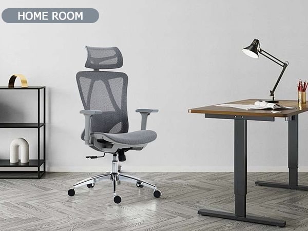 Ergonomic office chair with adjustable headrest, lumbar support, and padded seat.