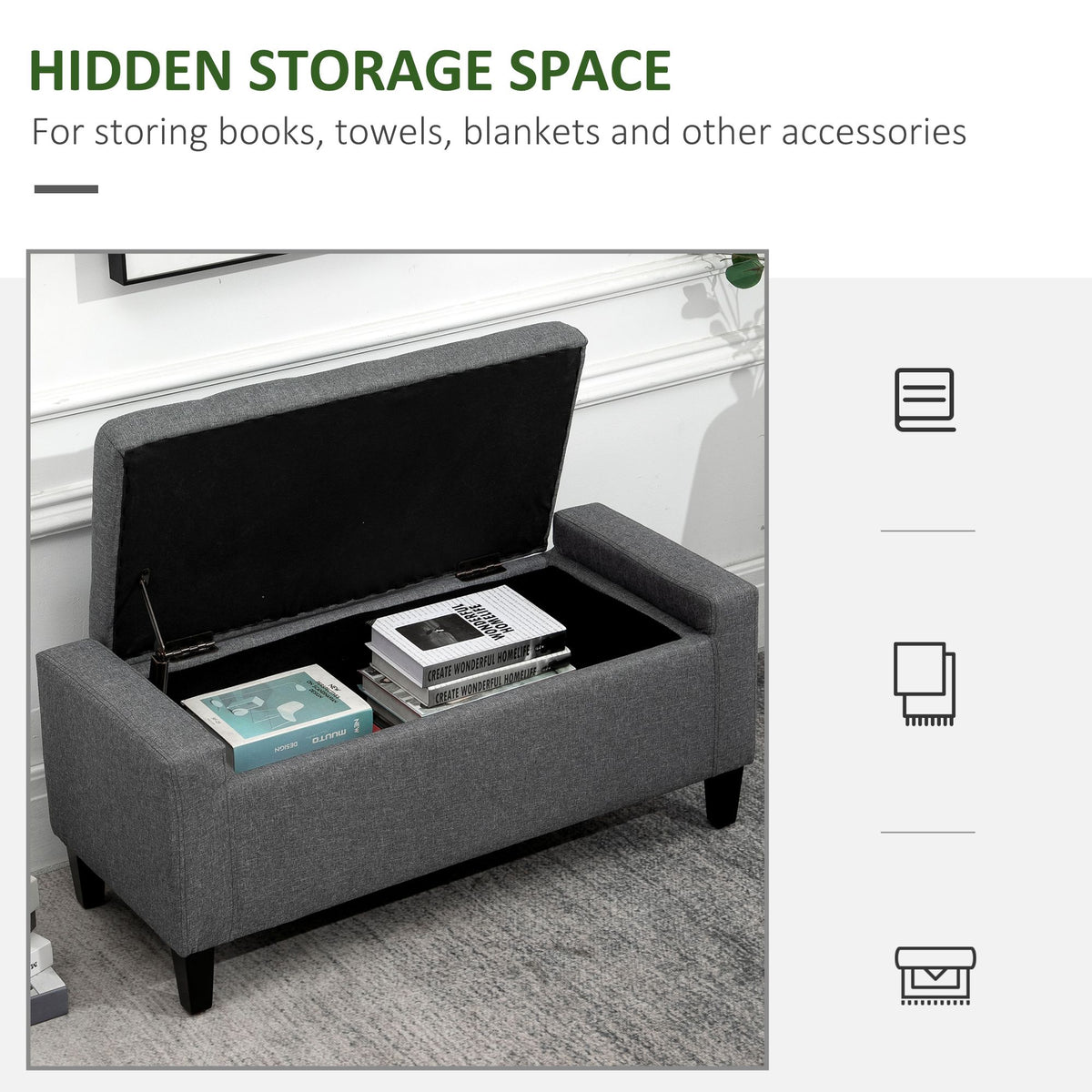 Gray linen upholstered storage ottoman with lift top, serving as a space-saving footstool.