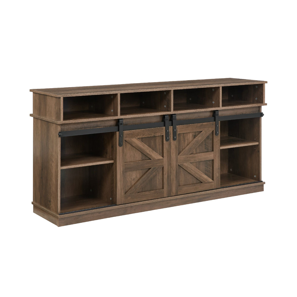 Natural brown farmhouse barn door TV stand with wood storage and entertainment center