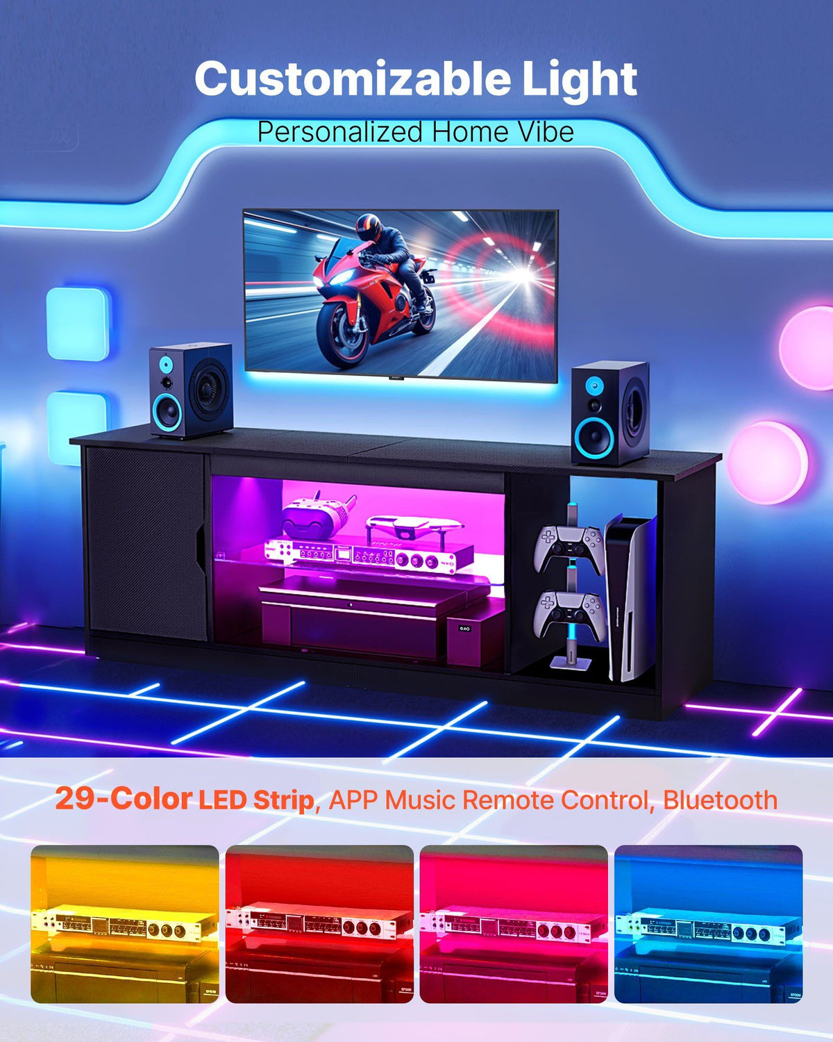 Modern light oak TV stand with glass shelf and LED light strip, fits up to 65 inch TVs.