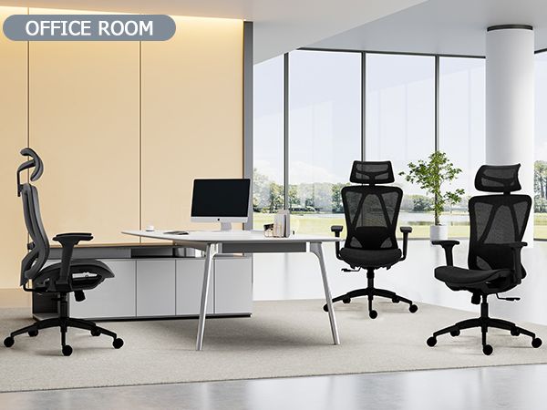 Ergonomic black mesh office chair with adjustable headrest, lumbar support, and padded seat