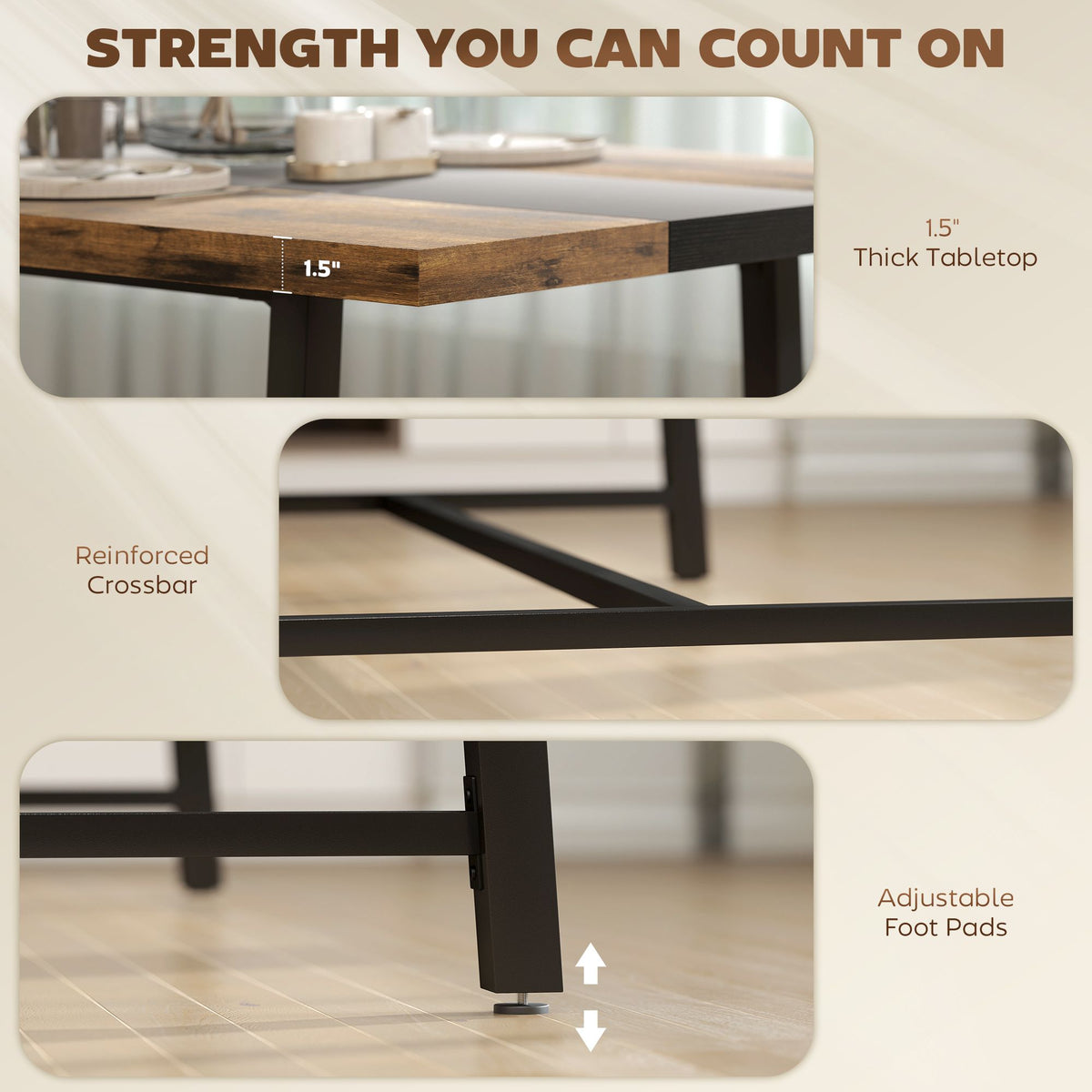 Industrial brown dining table for 8, 70.9 inch tabletop, steel legs