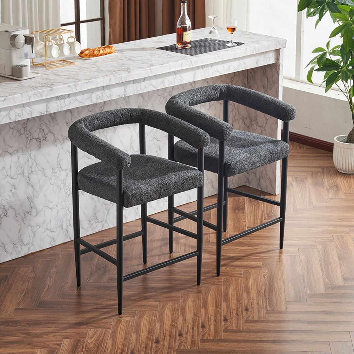 Set of 2 boucle upholstered modern counter height bar stools