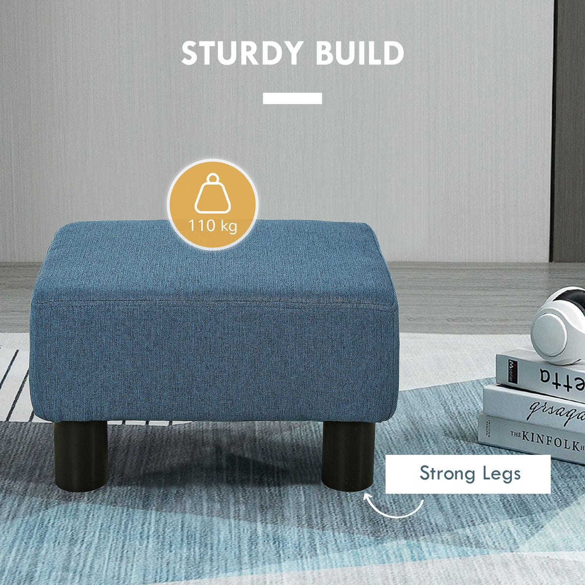 Blue linen cube ottoman footrest for living room