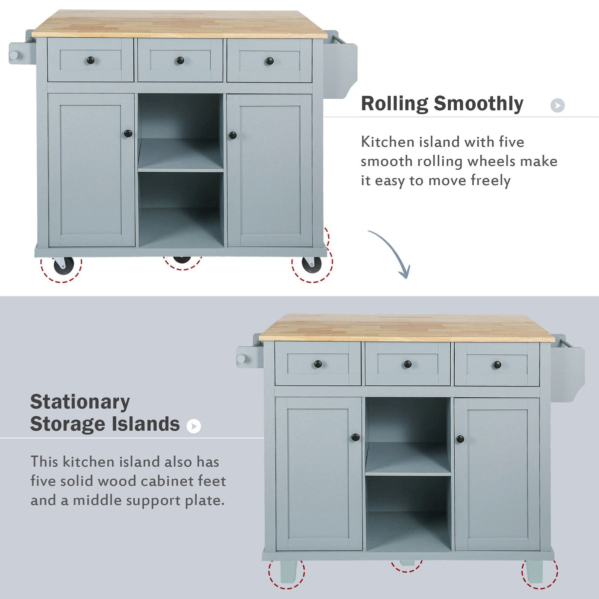 Kitchen cart with drop-leaf rubber wood countertop and 5 wheels, cabinet, drawers