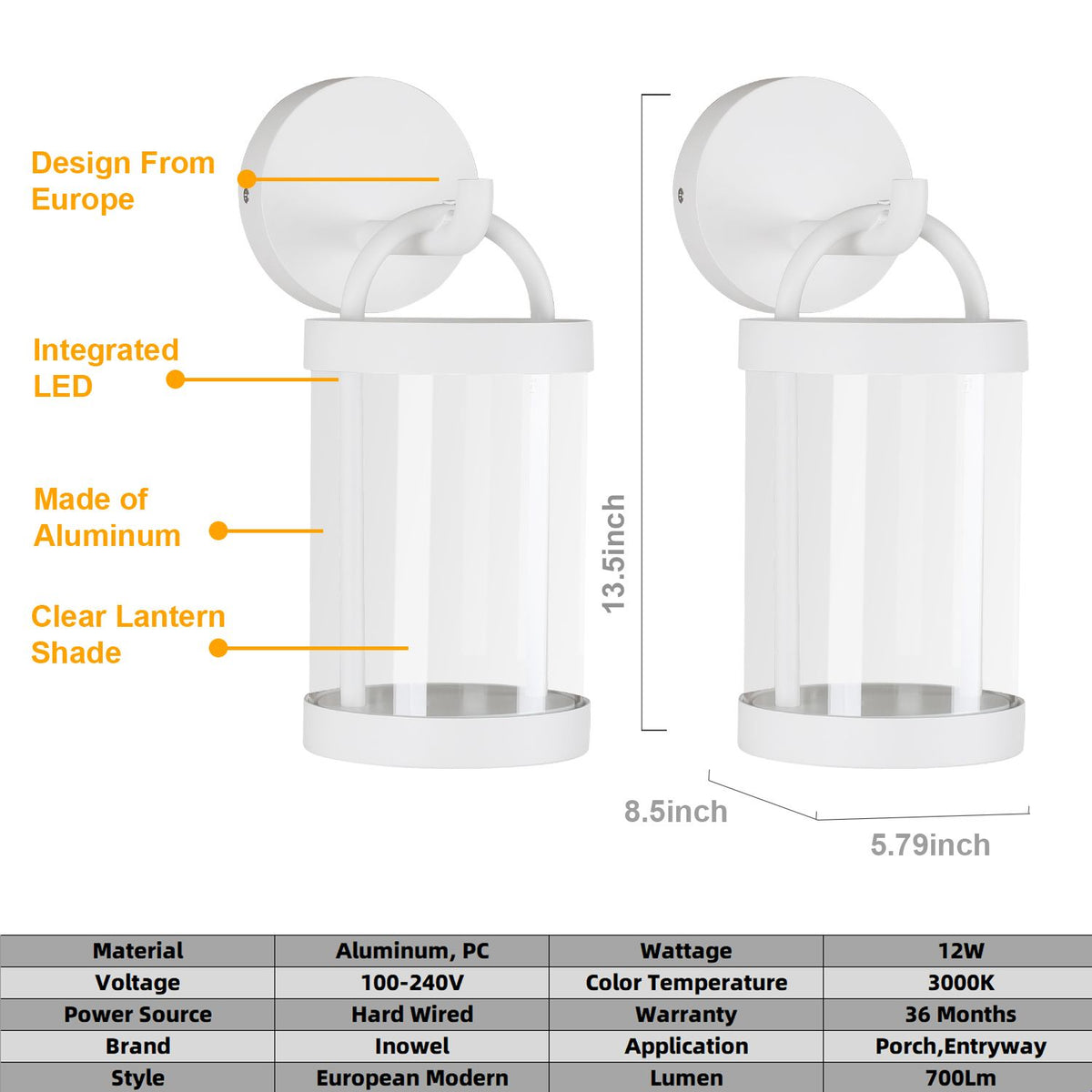 Inowel IP65 waterproof outdoor LED wall sconce lantern exterior light fixture