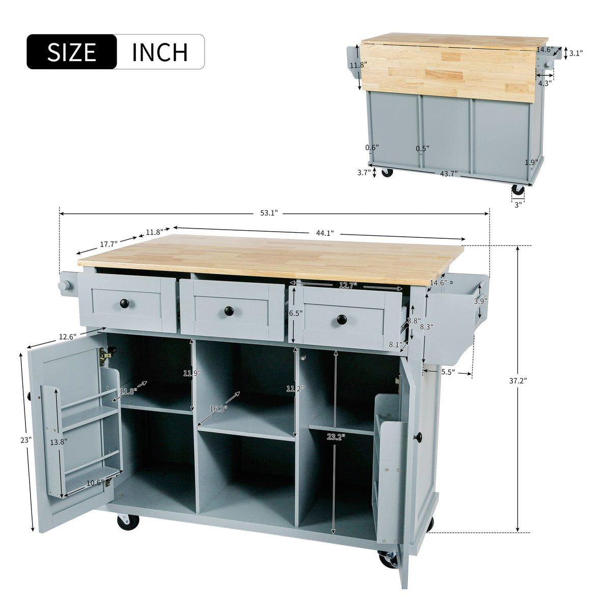 Kitchen cart with drop-leaf rubber wood countertop and 5 wheels.