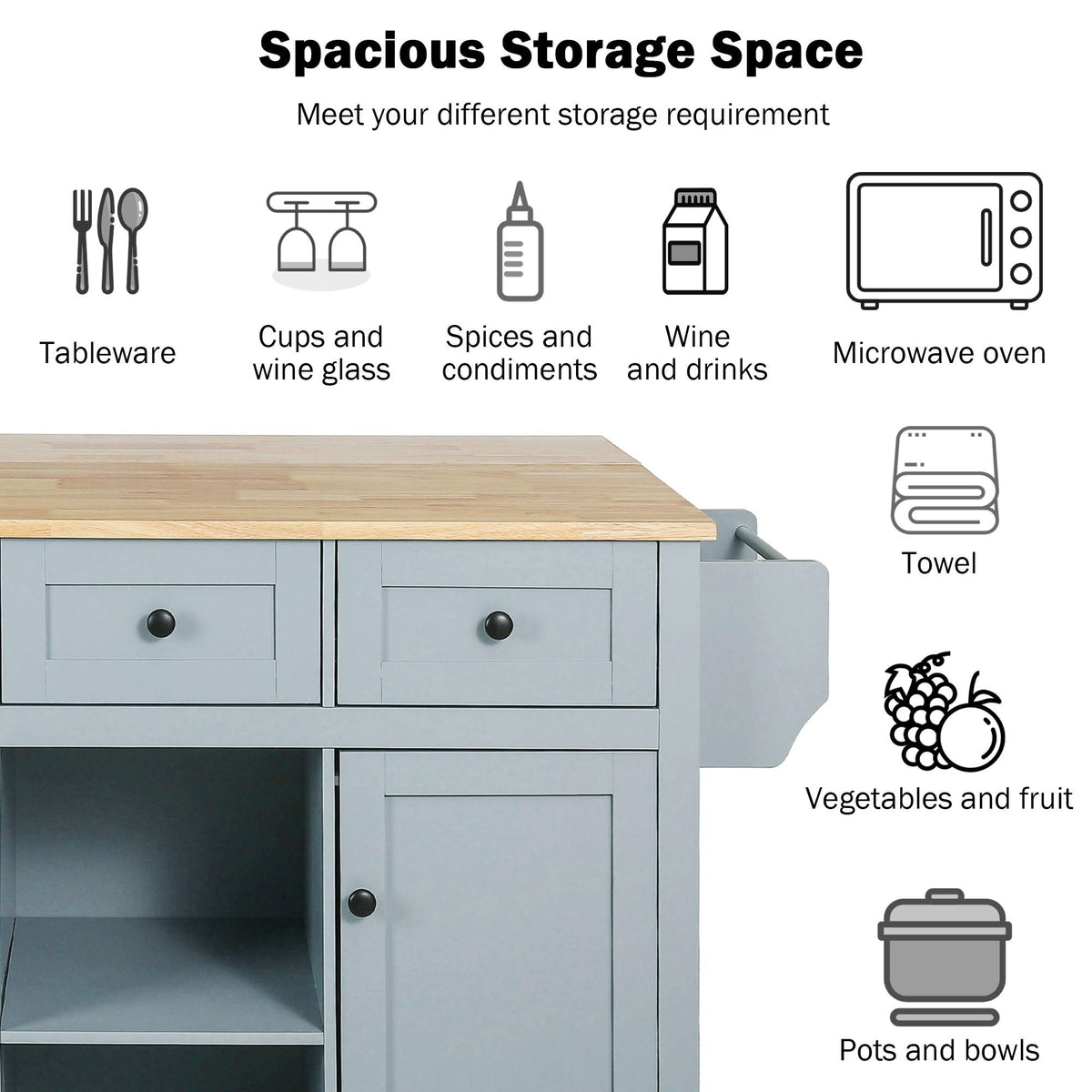 Kitchen cart with drop-leaf rubber wood top on 5 wheels, featuring cabinet and drawers.