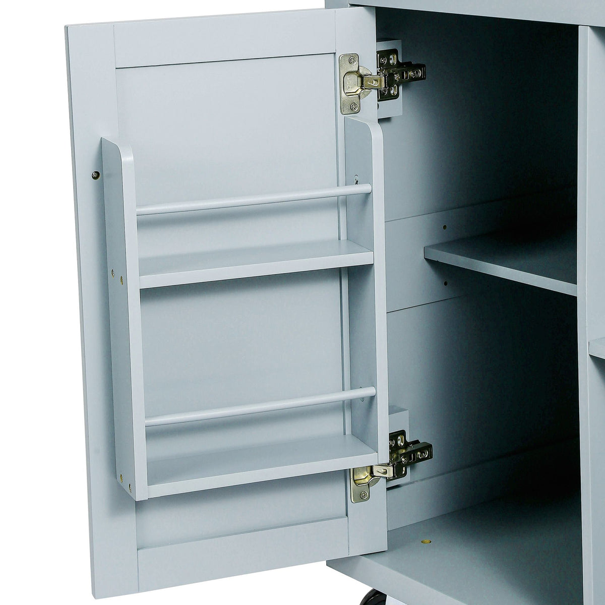 Kitchen cart with drop-leaf rubber wood countertop and 5 wheels, cabinet, and drawers.