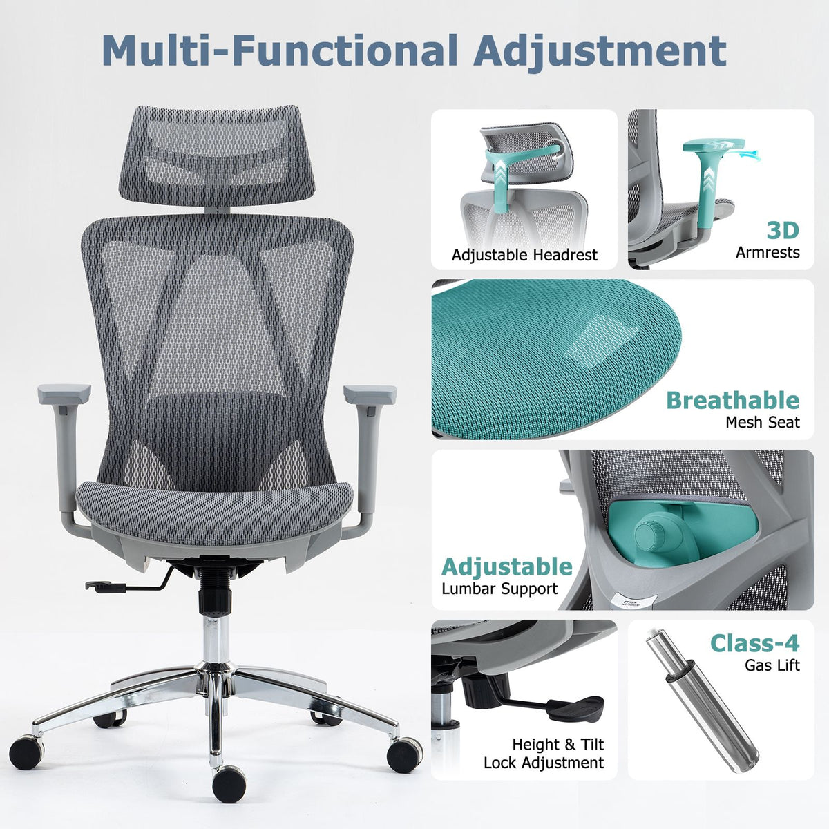 Ergonomic black mesh office chair with adjustable headrest and lumbar support