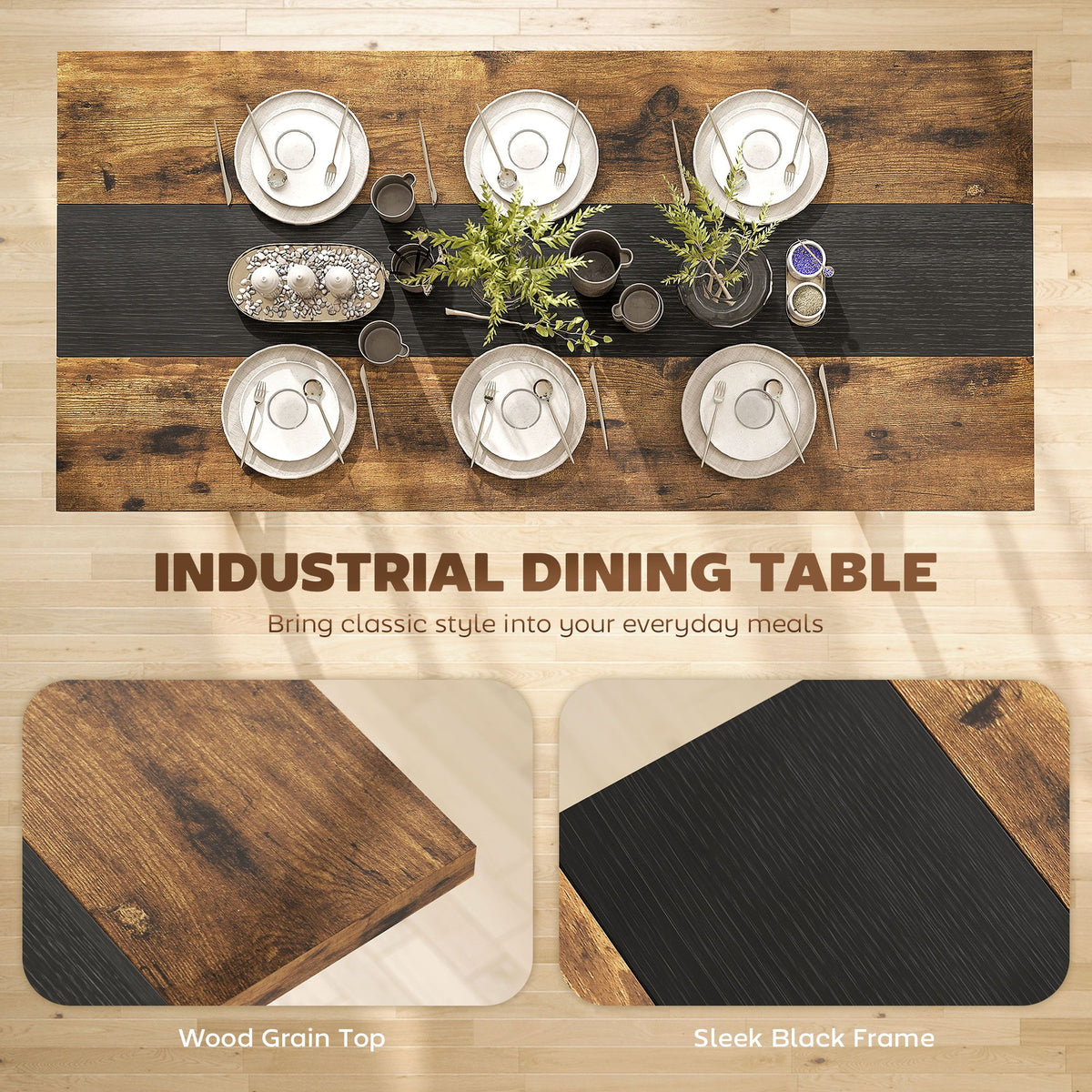 Industrial dining table for 8, 70.9 inch brown wood top, steel legs