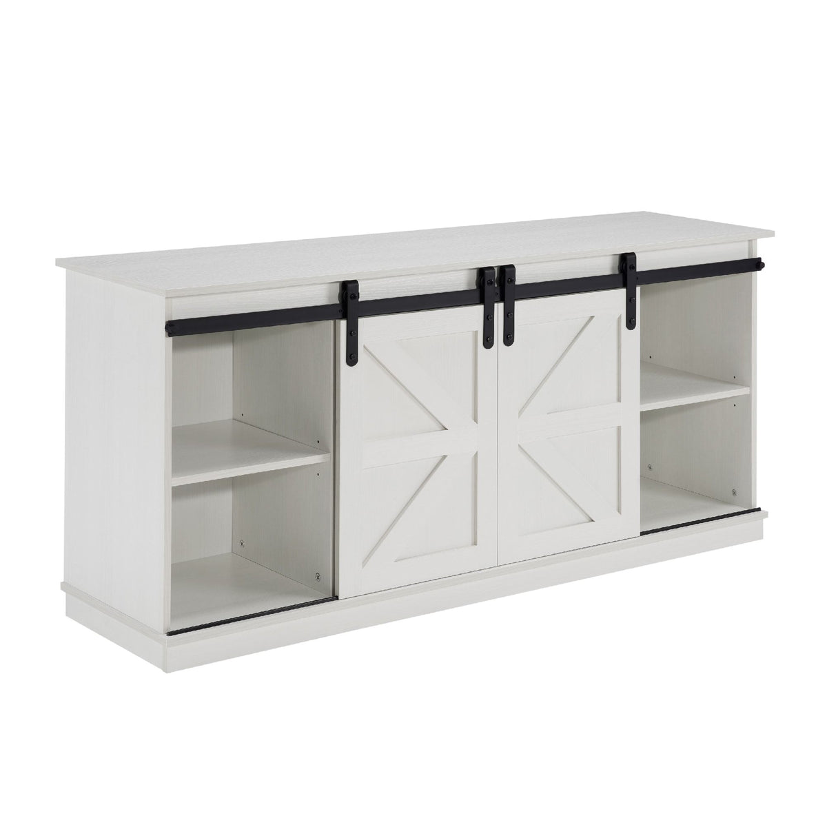 White 58-inch farmhouse TV stand with sliding barn doors and open shelves.