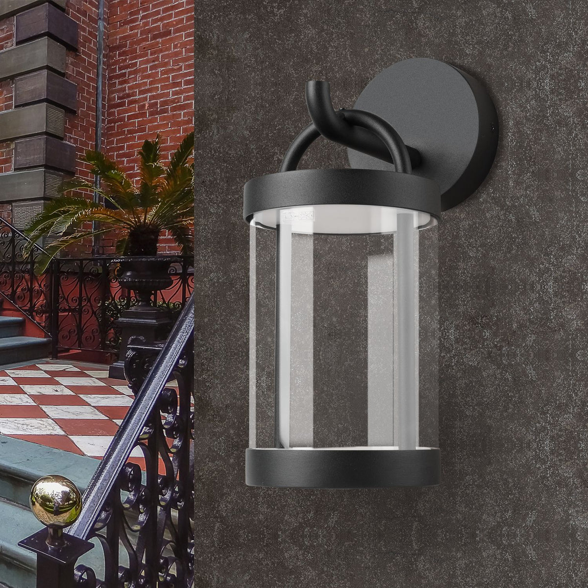 Inowel outdoor IP65 waterproof LED wall sconce lantern in black with clear glass.