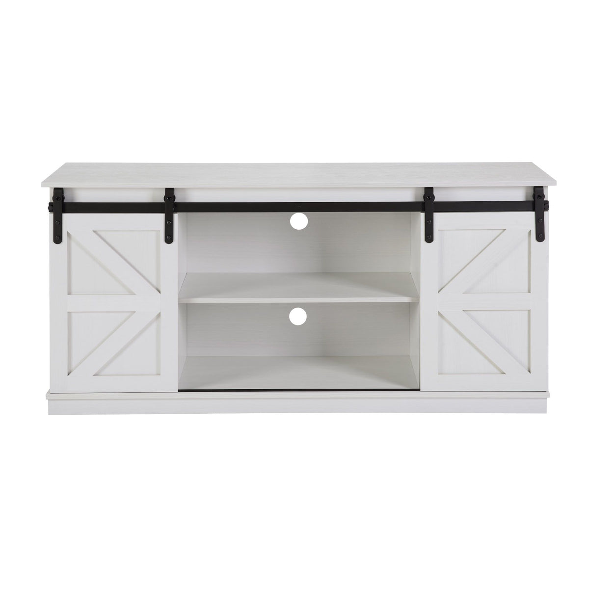 White 58-inch farmhouse TV stand with sliding barn doors and storage.
