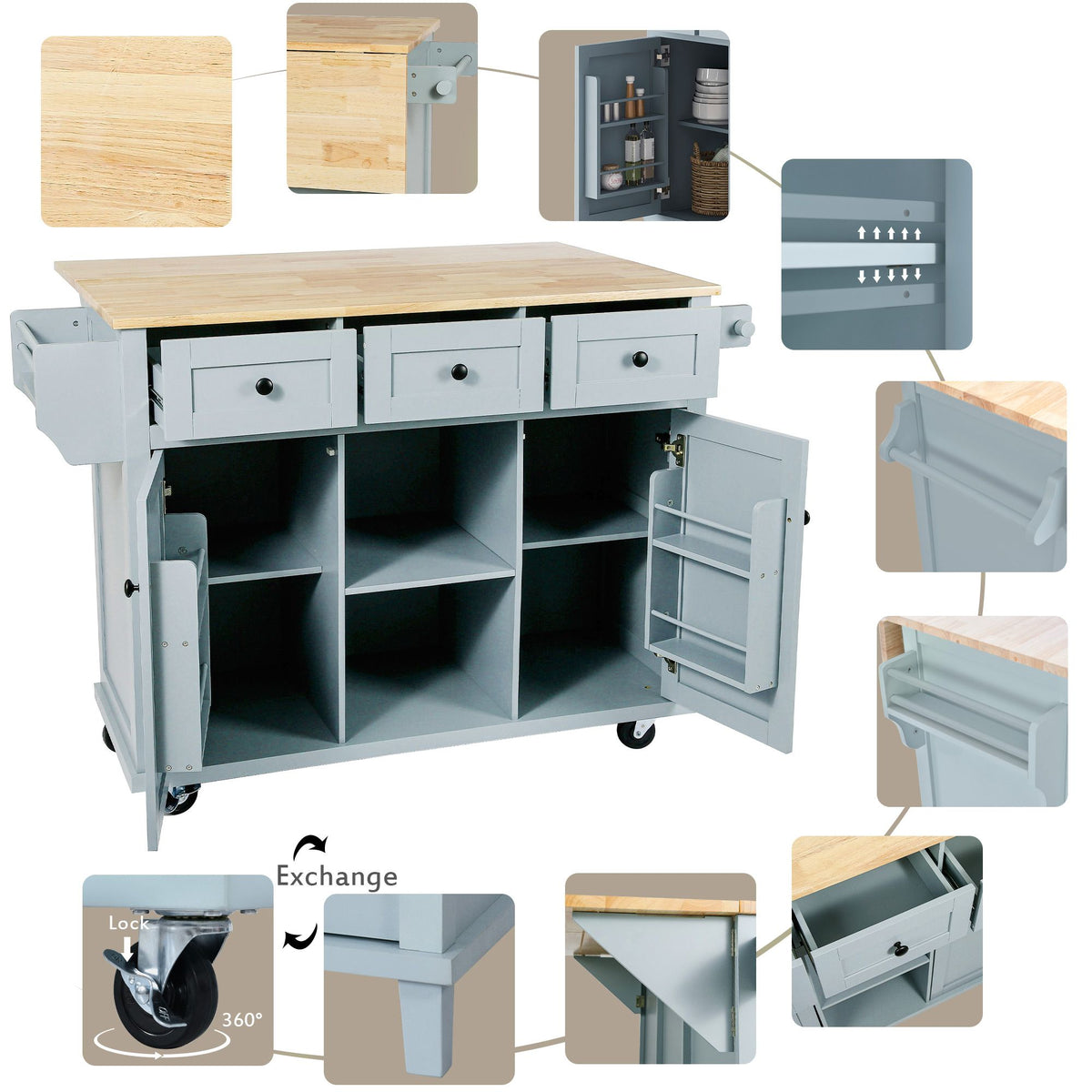 Kitchen cart with drop-leaf rubber wood countertop on 5 wheels, cabinet, and drawers