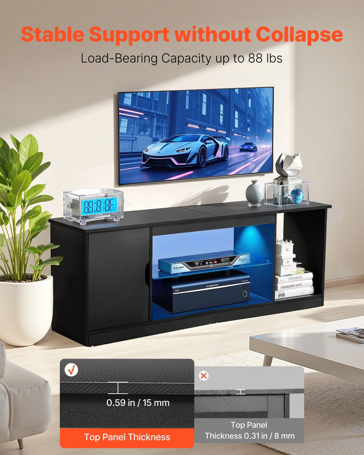 Modern light oak TV stand for 65-inch TVs with glass shelf and LED light strip