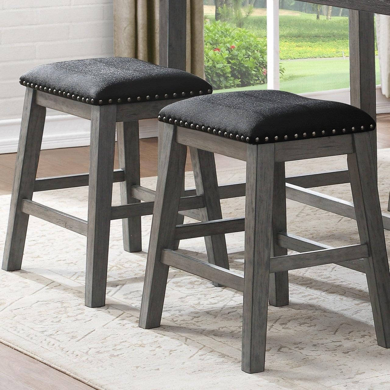 Set of 2 Elegant Gray Faux Leather Counter Height Barstools