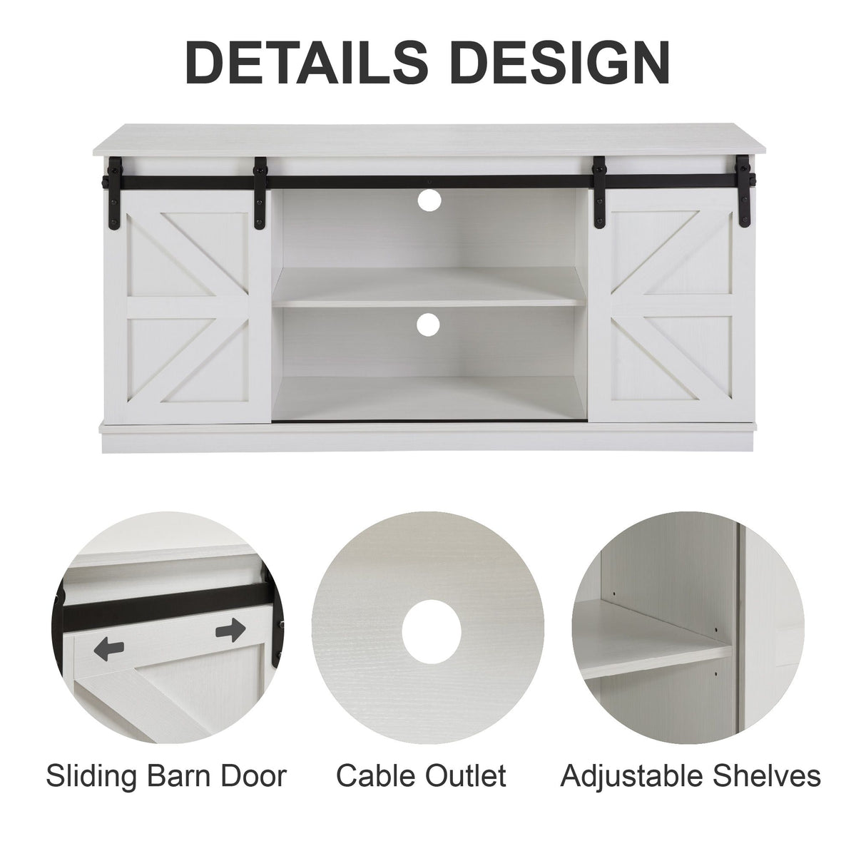 White 58-inch farmhouse TV stand with sliding barn doors and entertainment center.