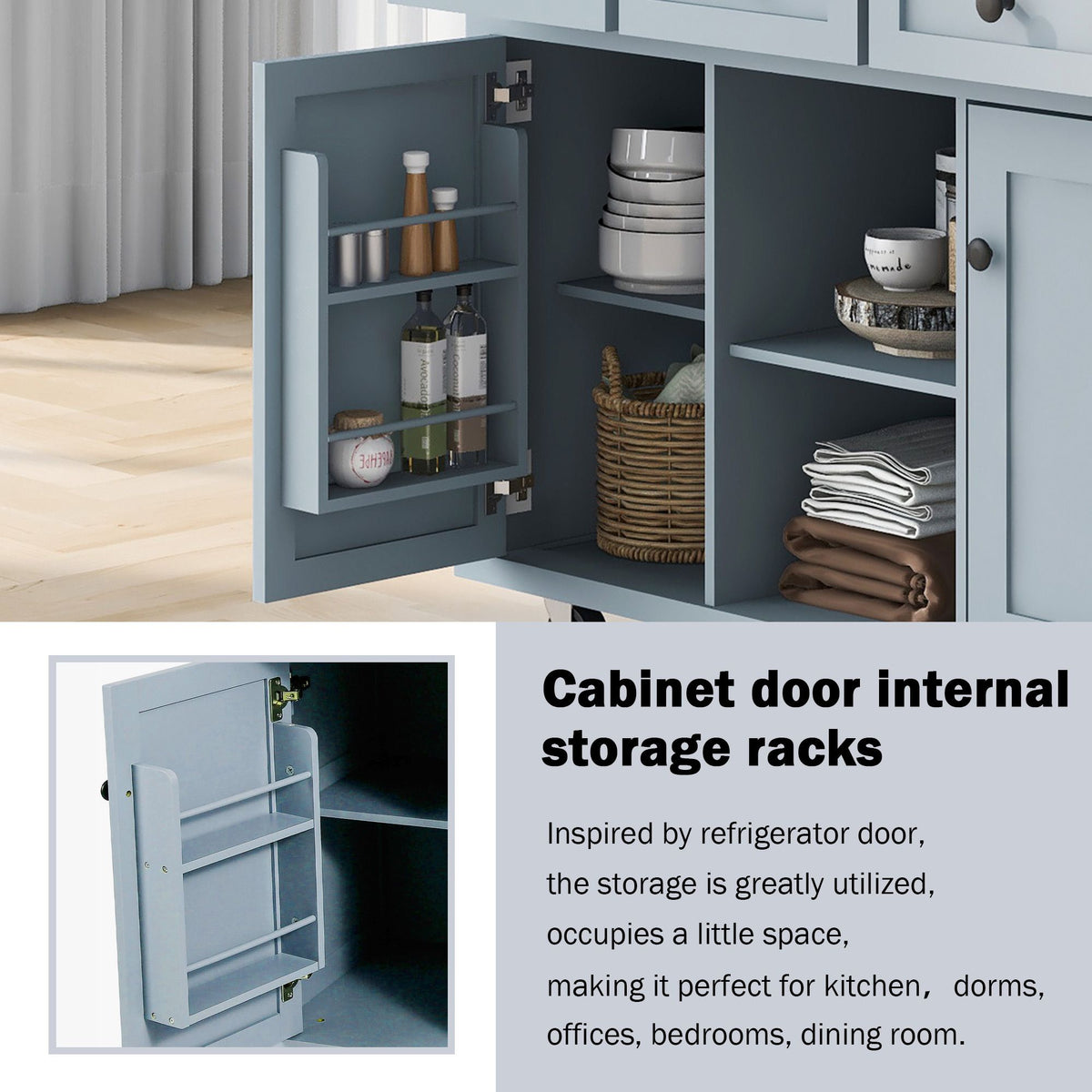 Kitchen cart with drop-leaf rubber wood countertop and 5 wheels, drawers, and cabinet.