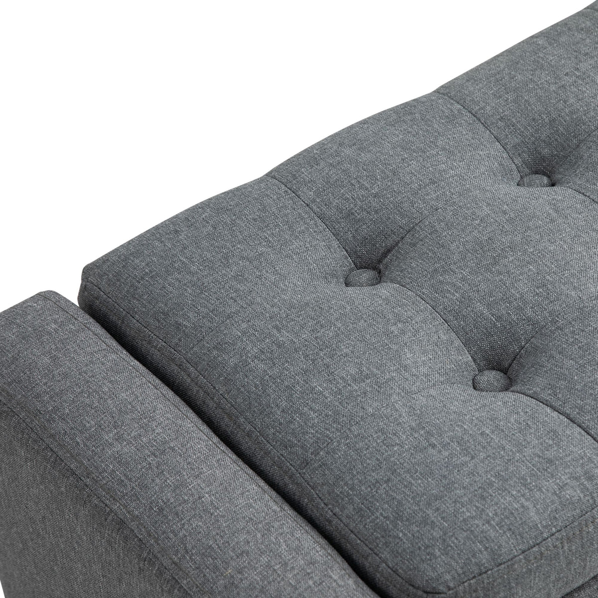 Gray linen upholstered storage ottoman with lift-top, space-saving footstool.