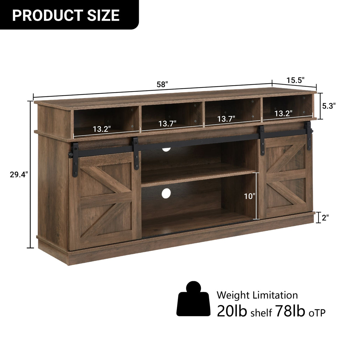 Natural brown farmhouse barn door TV stand with wood storage and entertainment center