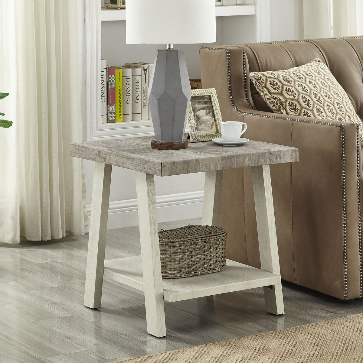 Two-tone weathered gray and beige wood end table with shelf