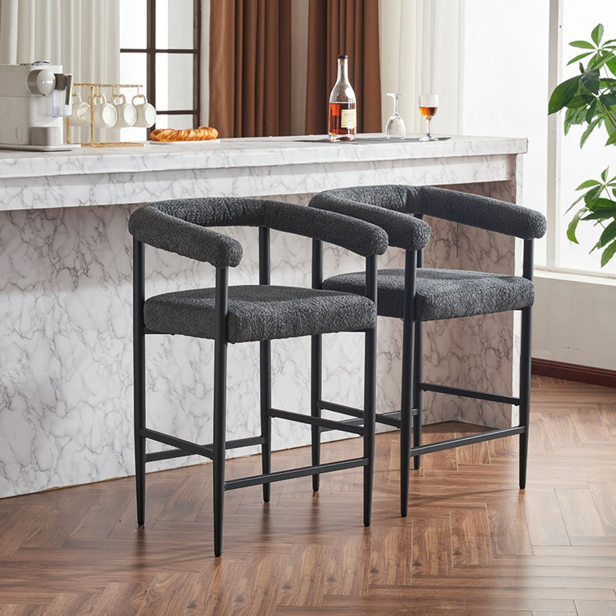 Set of 2 modern boucle upholstered bar stools, counter height.