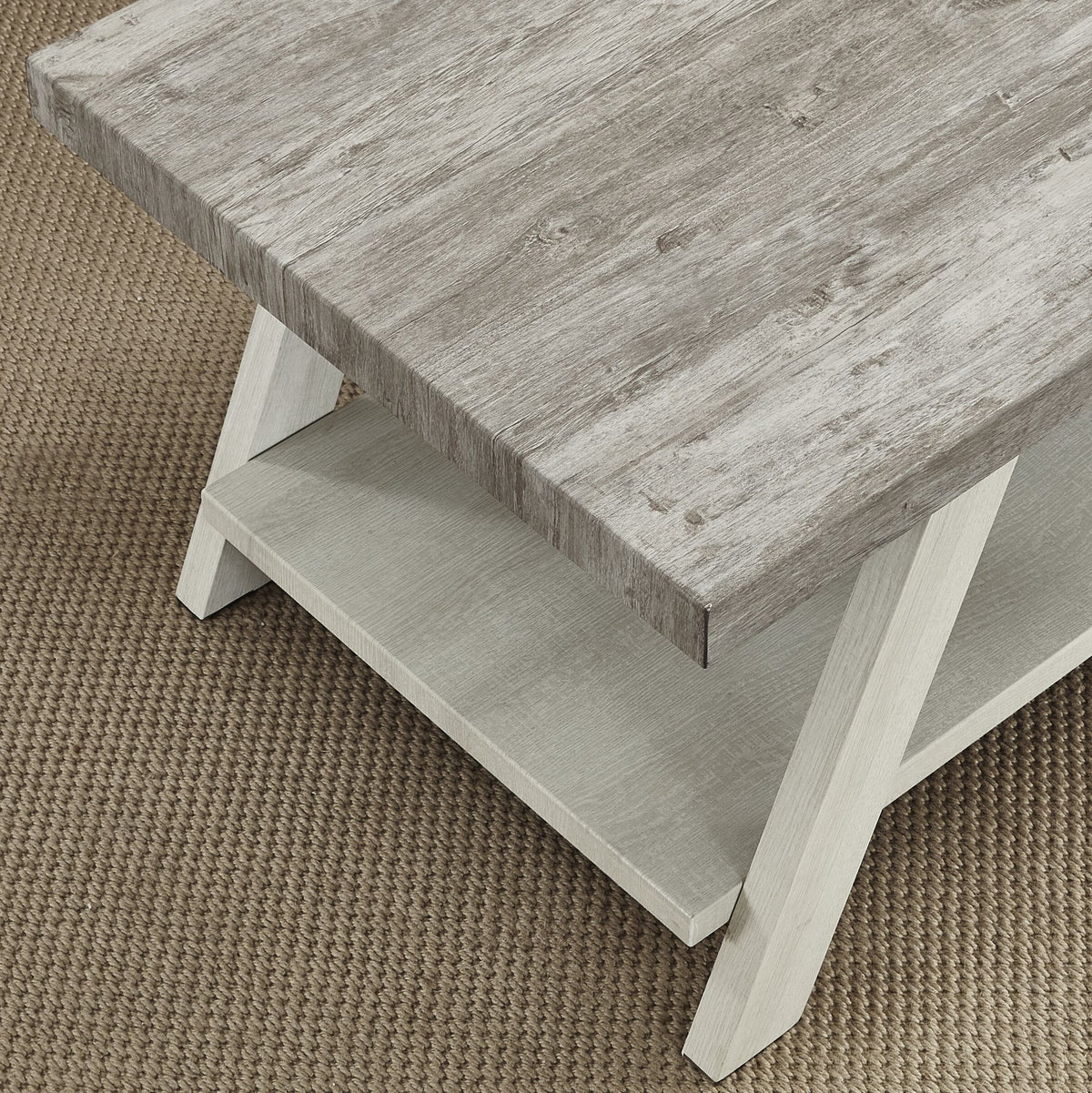 Weathered gray and beige two-tone wood end table with lower shelf