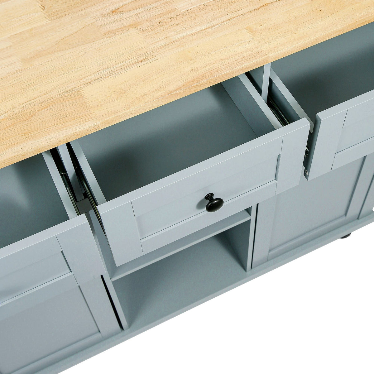 Kitchen cart with drop-leaf rubber wood countertop and 5 wheels, cabinet, and drawers.