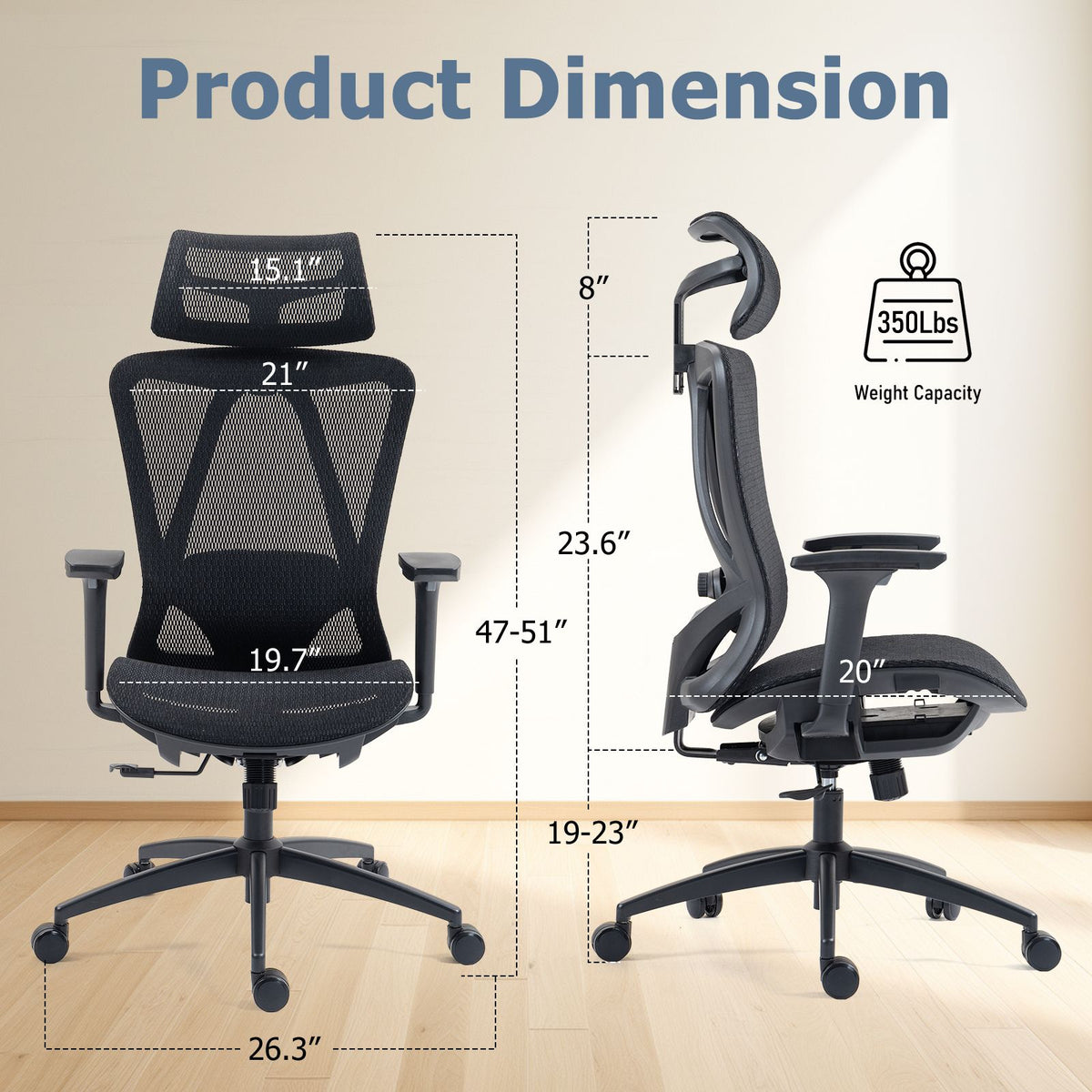 Ergonomic office chair with high mesh back, adjustable headrest, lumbar support, and padded seat