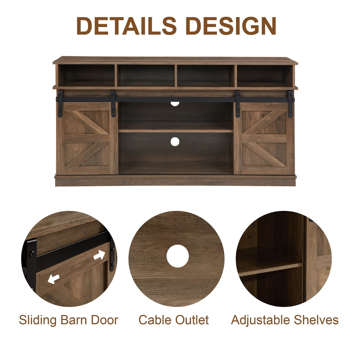Natural brown wood farmhouse TV stand with barn doors and storage