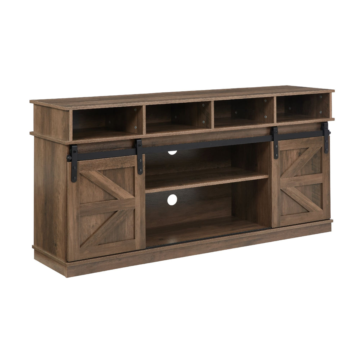 Natural brown farmhouse barn door TV stand with wood storage and entertainment center.