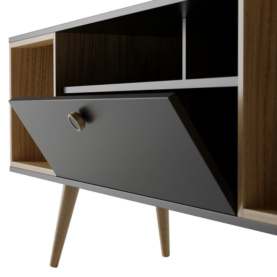 Stylish Manhattan Comfort Theodore 62" TV Stand featuring sleek storage and open display areas for decor.