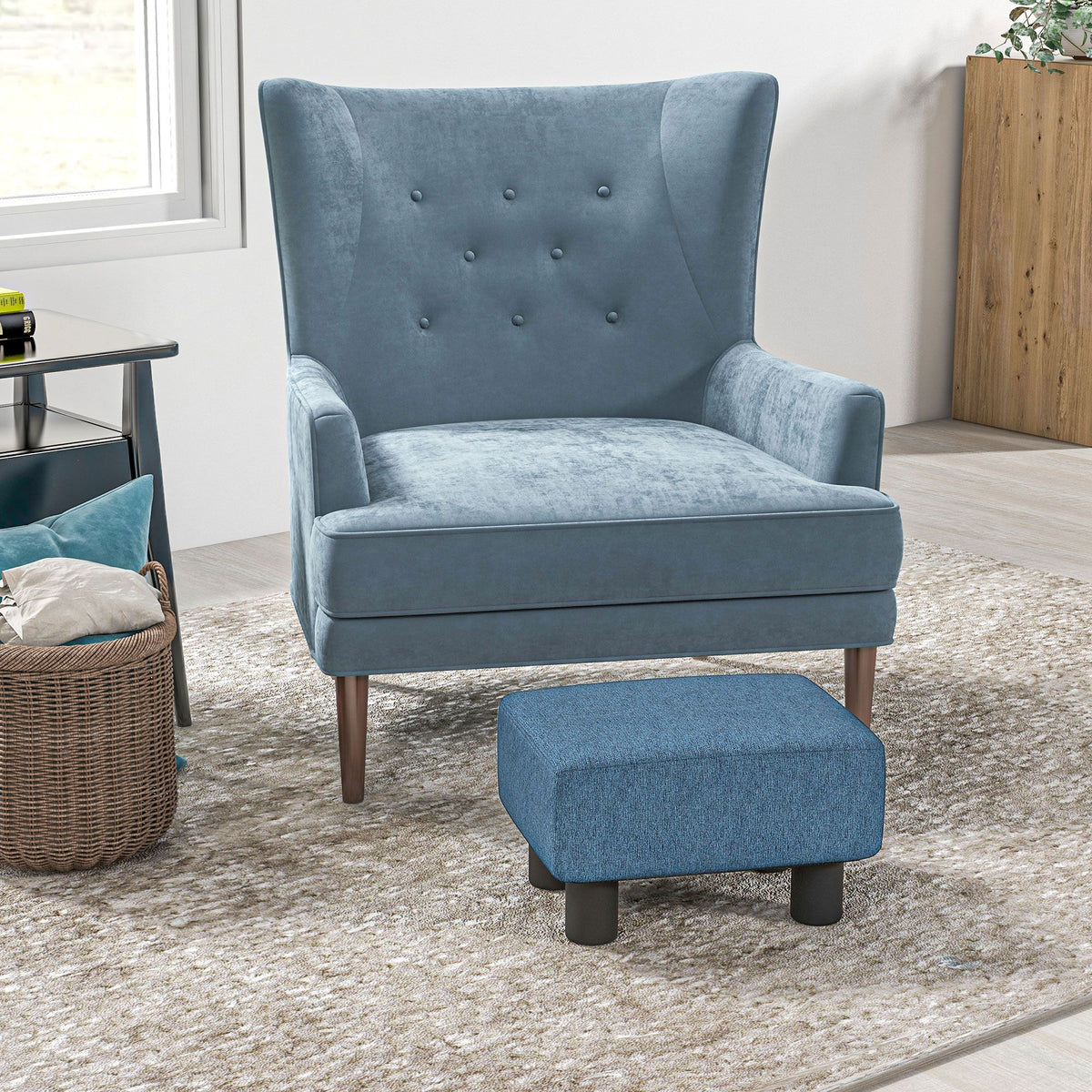 Blue linen fabric cube ottoman footrest for living room