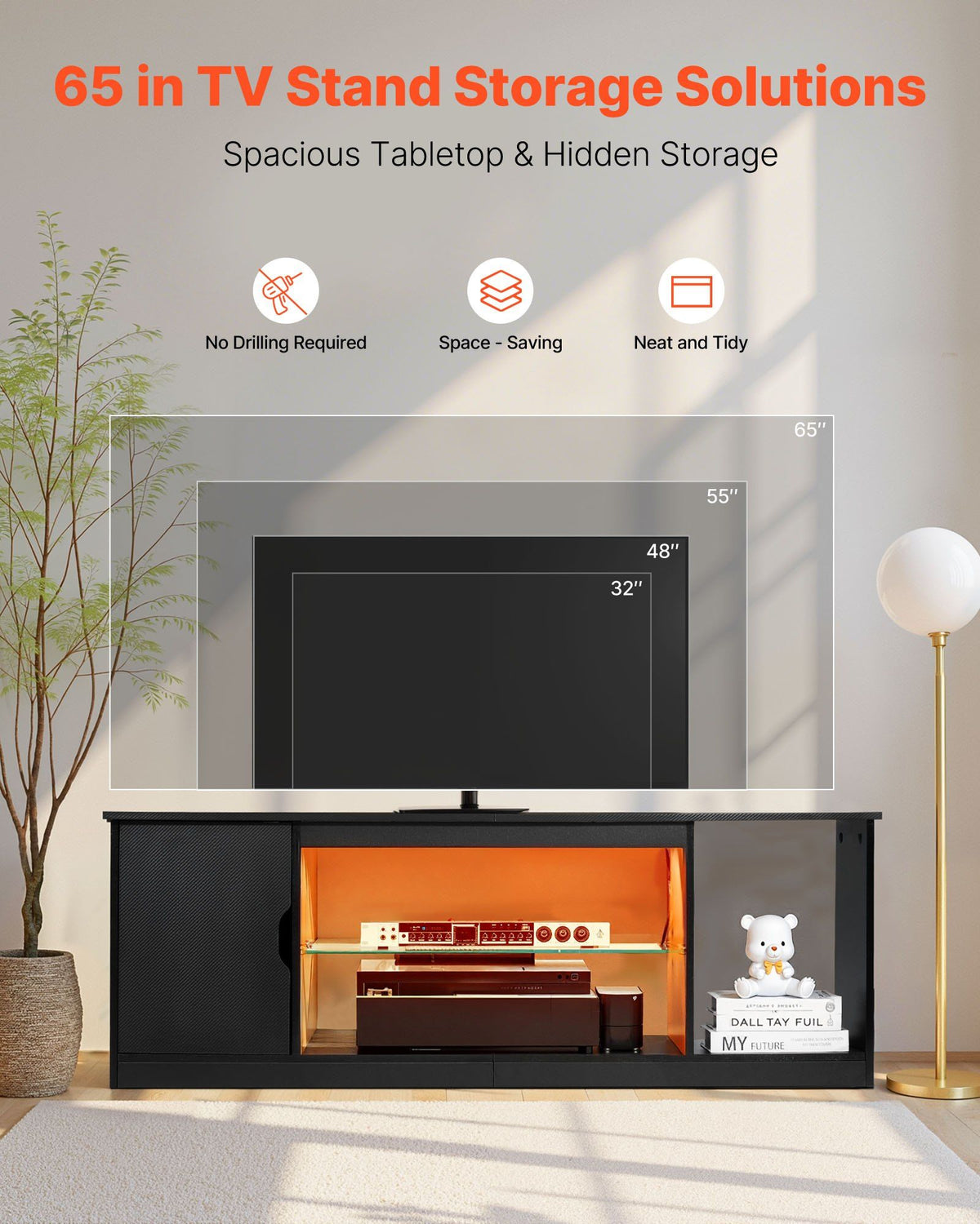 Modern light oak TV stand with glass shelf and LED strip for 65-inch TVs