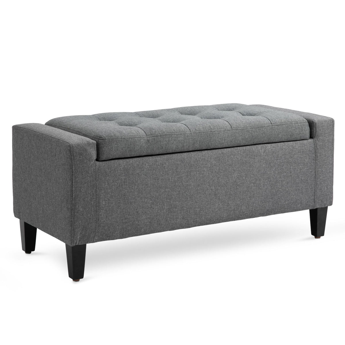 Gray linen upholstered storage ottoman with lift top, doubles as footstool.
