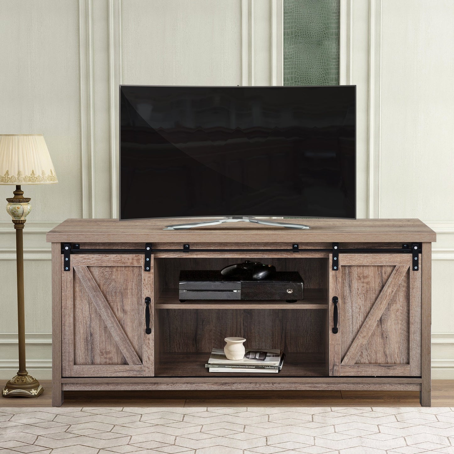 Stylish TV Stand, Melamine board with sliding doors and stable legs, perfect for modern living spaces.