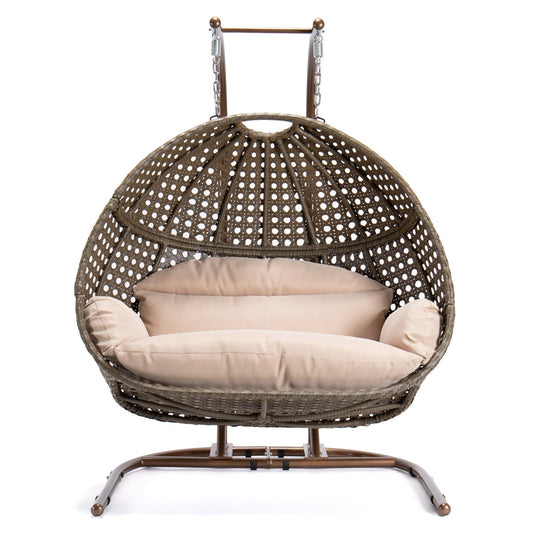 Stylish Brown Wicker Double-Seat Swing Chair with Stand