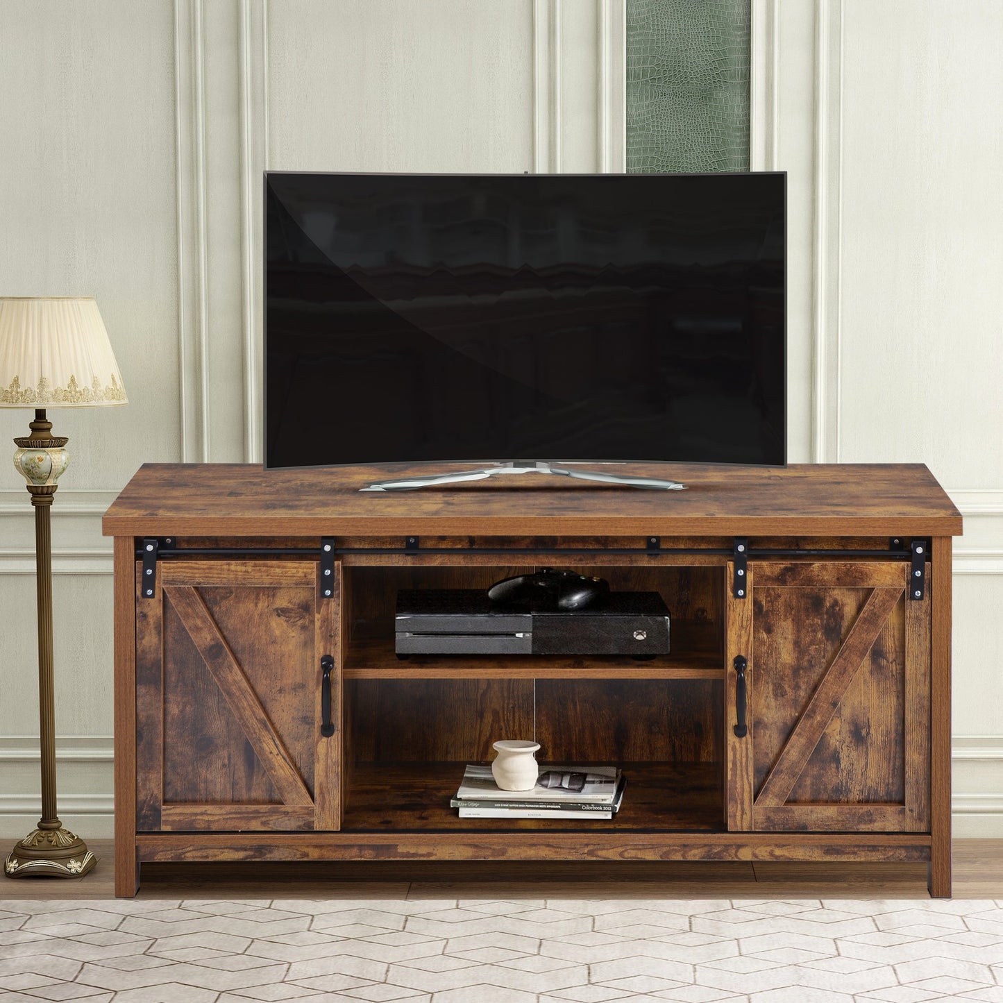 Stylish TV Stand in Melamine Board with Sliding Doors