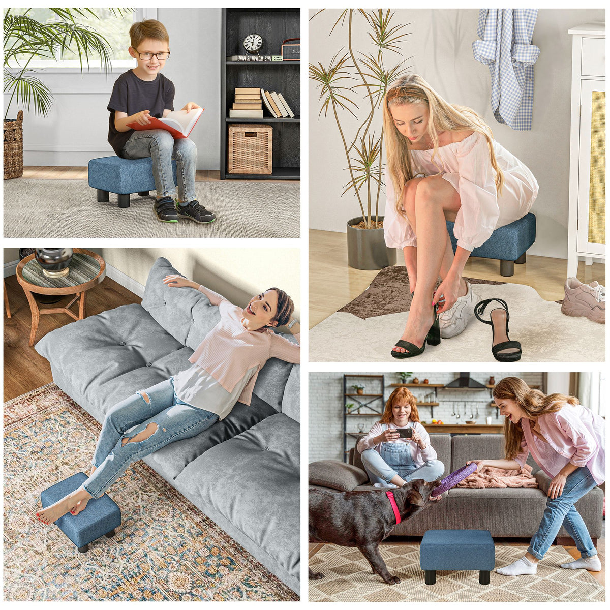 Small blue linen cube ottoman foot stool for living room