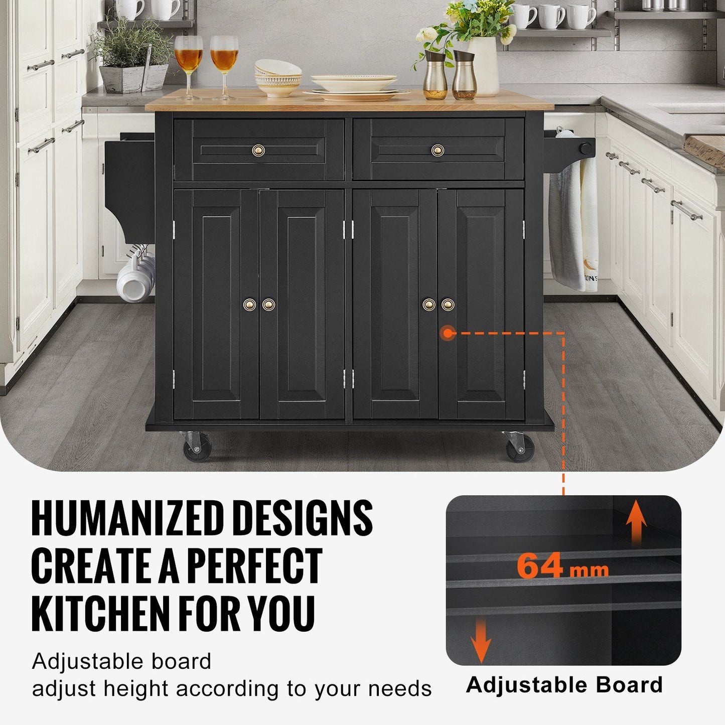 43-inch wood top kitchen island cart with cabinet and wheels