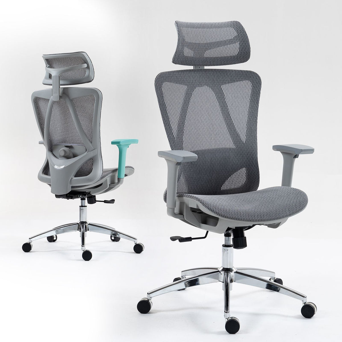 Ergonomic black mesh office chair with adjustable headrest, lumbar support, and padded seat.