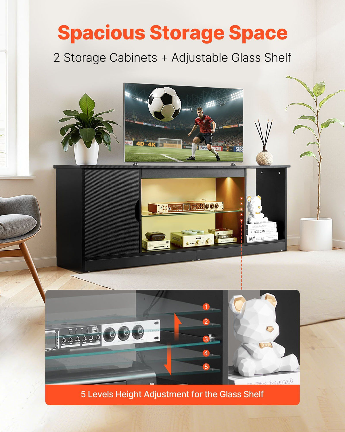 Modern light oak TV stand for 65-inch TVs with glass shelf and LED light strip.