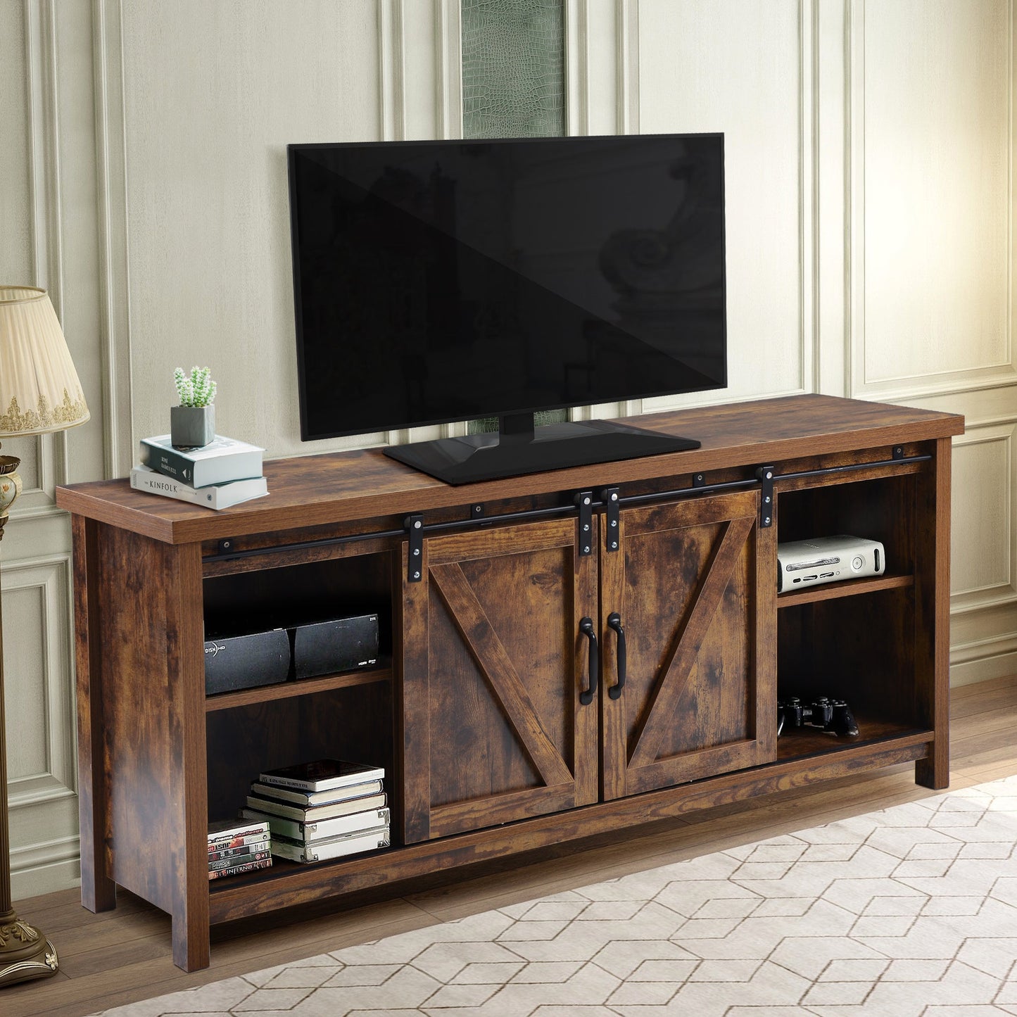 Stylish TV Stand in Melamine Board with Sliding Doors