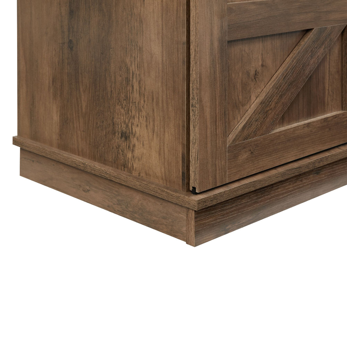 Natural brown farmhouse barn door TV stand with wood storage and entertainment center.