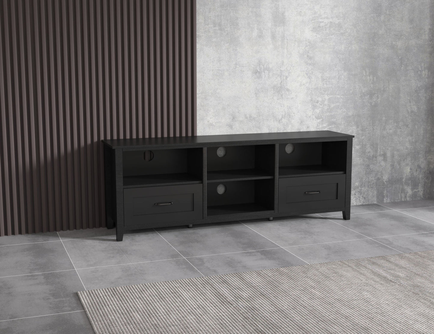 Stylish Black TV Stand for Living Room and Bedroom, featuring spacious compartments for TVs up to 60 inches.