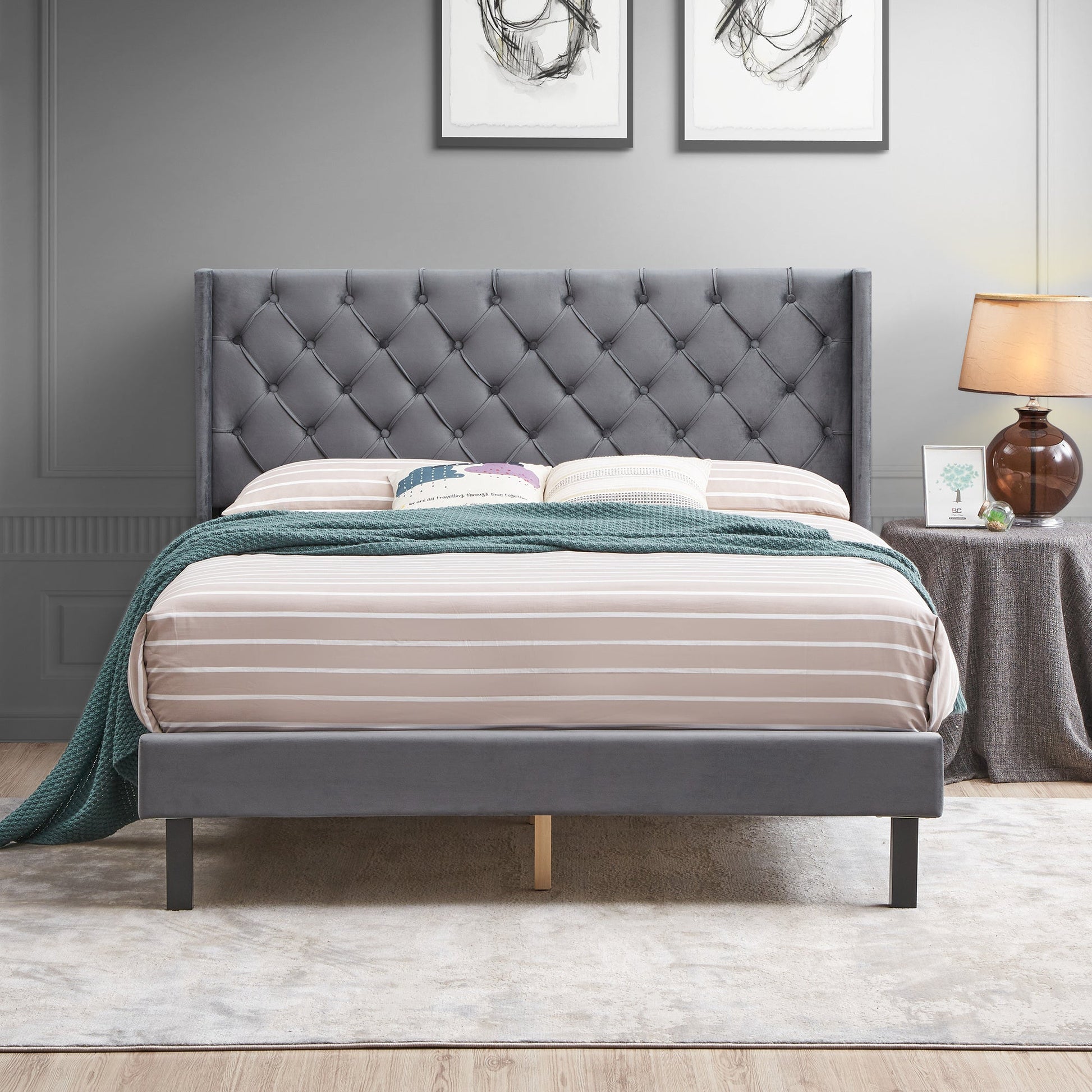 Stylish Upholstered Queen Bed with Wings Design featuring a tufted headboard and easy assembly from your favorite store.