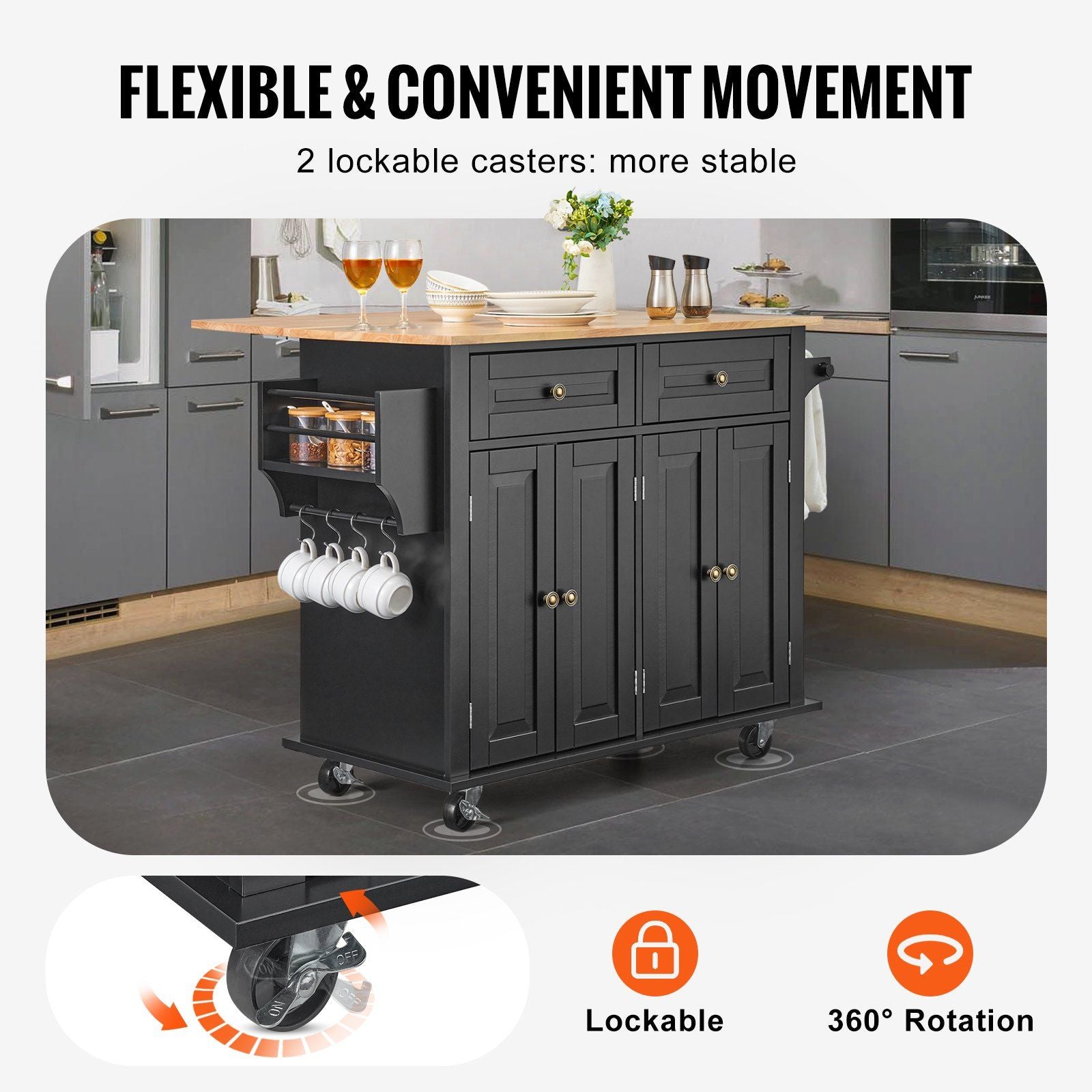 43-inch wood top kitchen island cart with storage cabinet and wheels